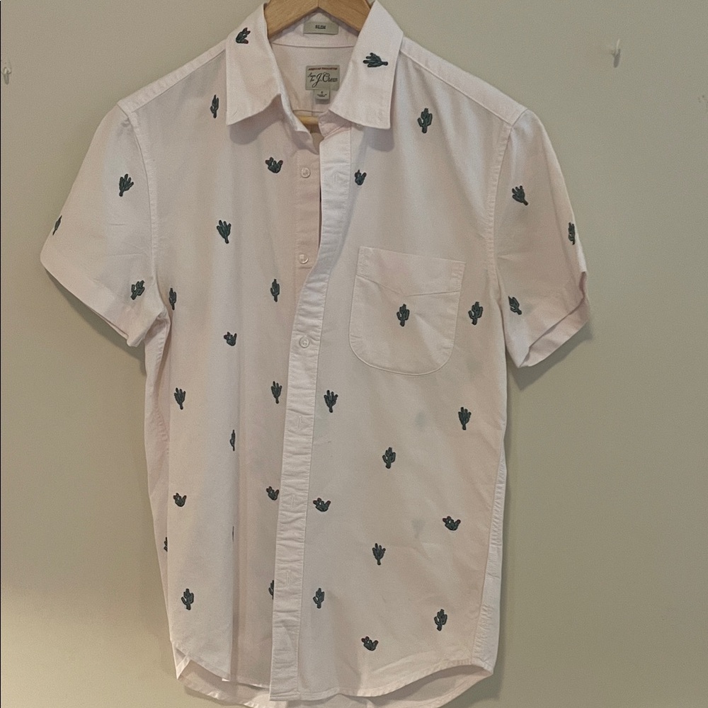 J. Crew White Button-Down Shirt with Green & Red Cactus Embroidery